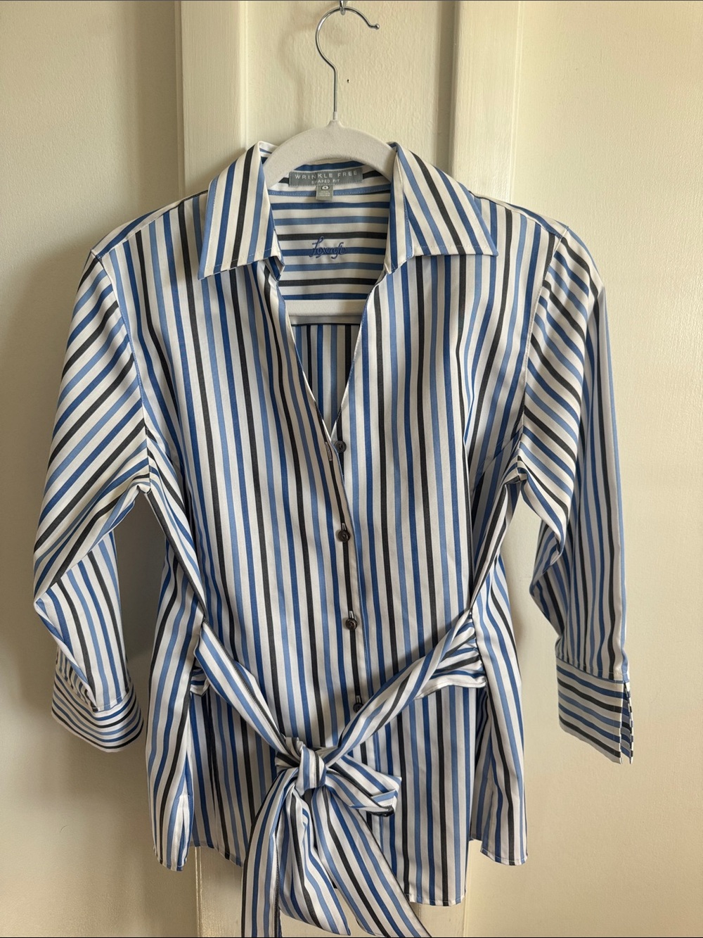 Foxcroft White and Blue Vertical Stripe Tie-Waist Button Shirt
